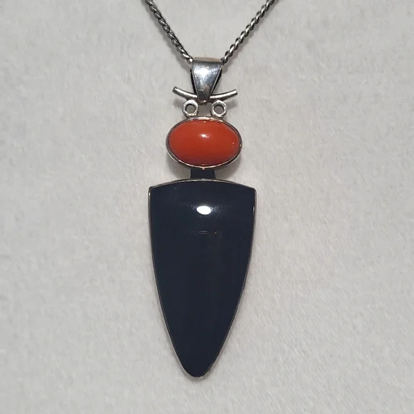 Frank Patania Jr Sterling, Onyx and Coral Owl Pendant - Picture 1 of 5